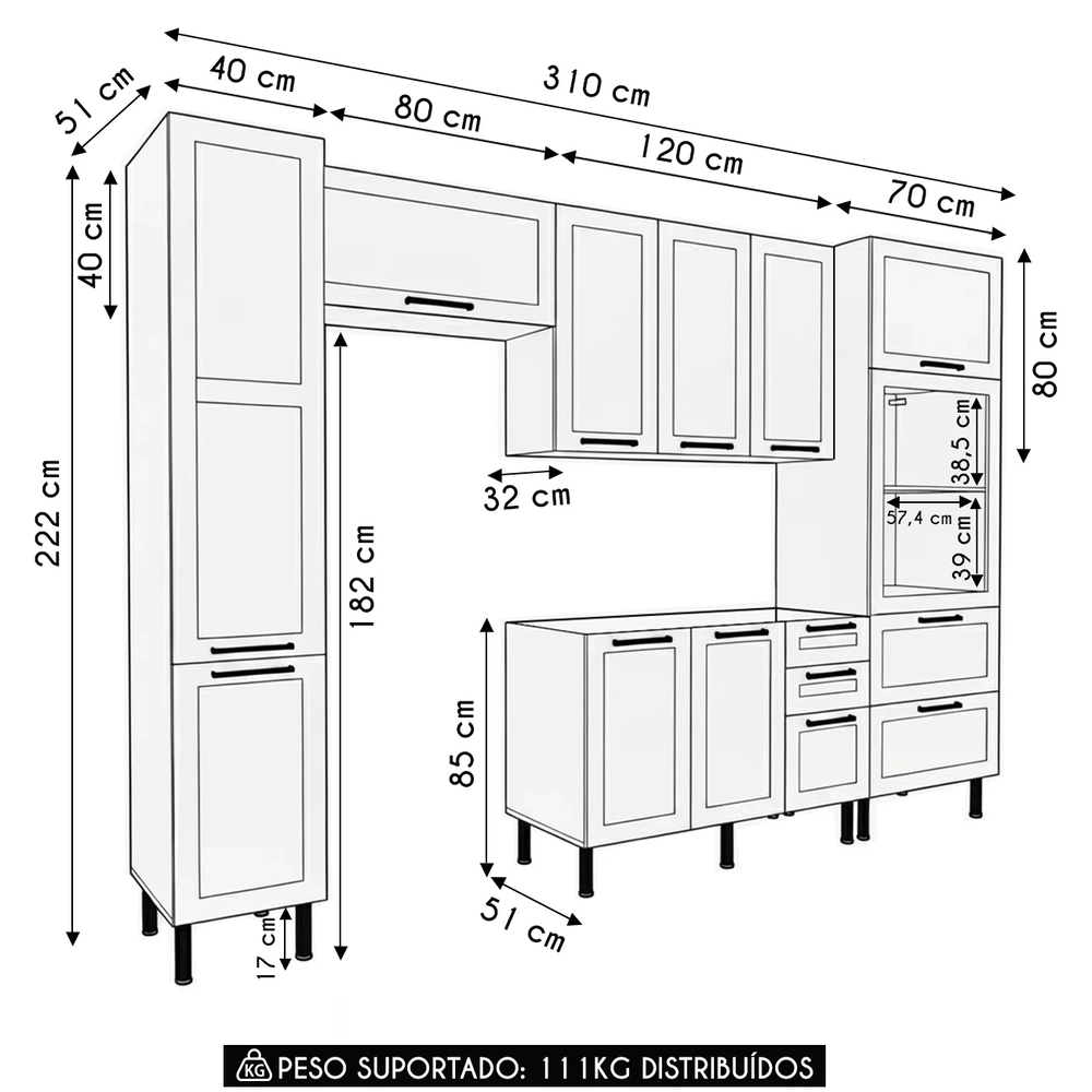 Armário Cozinha 4 Peças Balcão Com Pia CP6B Zaya Branco T01 - Mpozenato