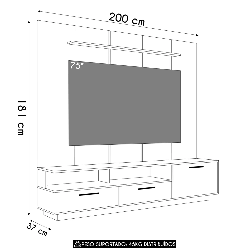 Estante Painel TV 75 Pol com LED 200cm Dolphin Mel/Arenas A05 - Mpozenato