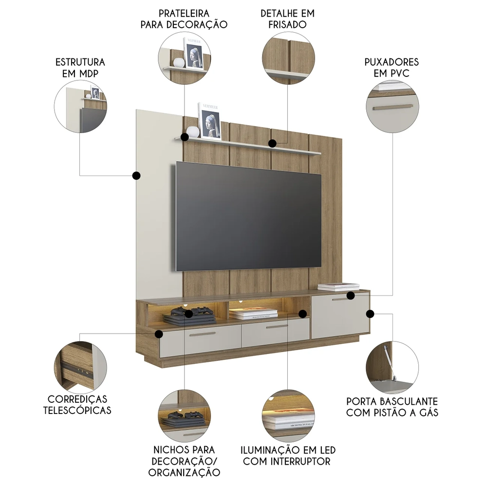 Estante Painel TV 75 Pol com LED 200cm Dolphin Mel/Arenas A05 - Mpozenato