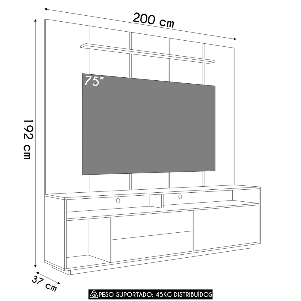 Estante Painel TV 75 Pol com LED 200cm Agrale Mel/Grafite A05 - Mpozenato