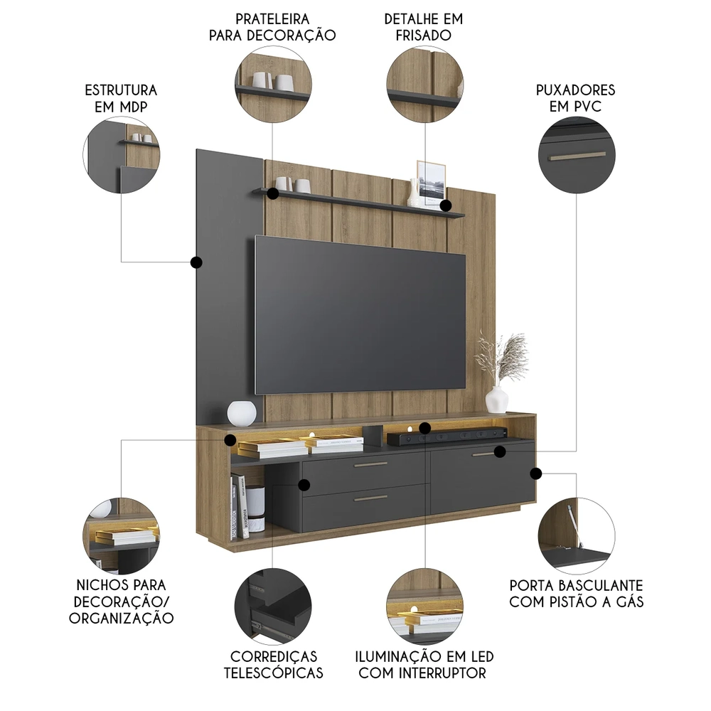 Estante Painel TV 75 Pol com LED 200cm Agrale Mel/Grafite A05 - Mpozenato