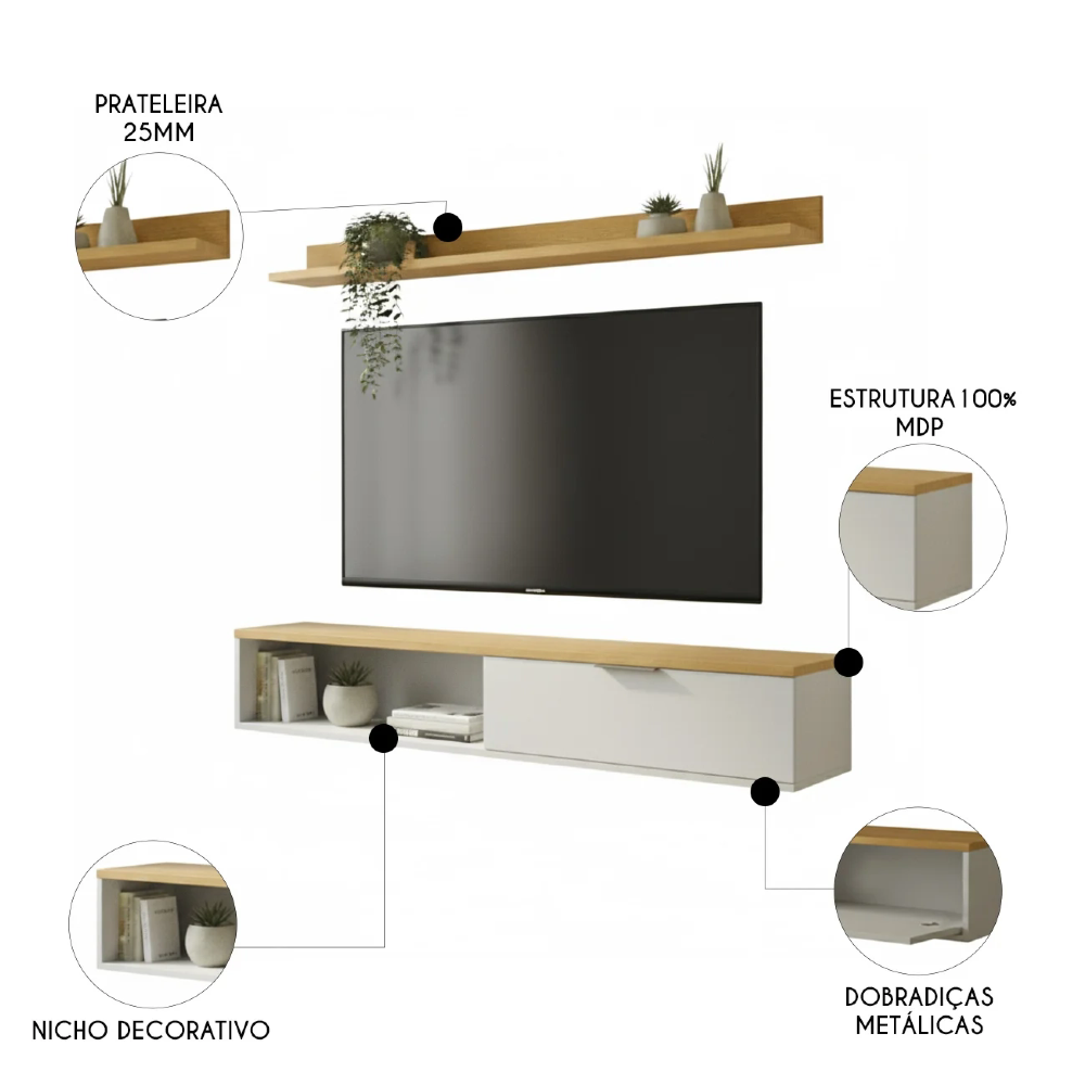 Rack TV 55 Pol. Suspenso 136cm 1 Porta Lila Off/Nature Z49  - Mpozenato