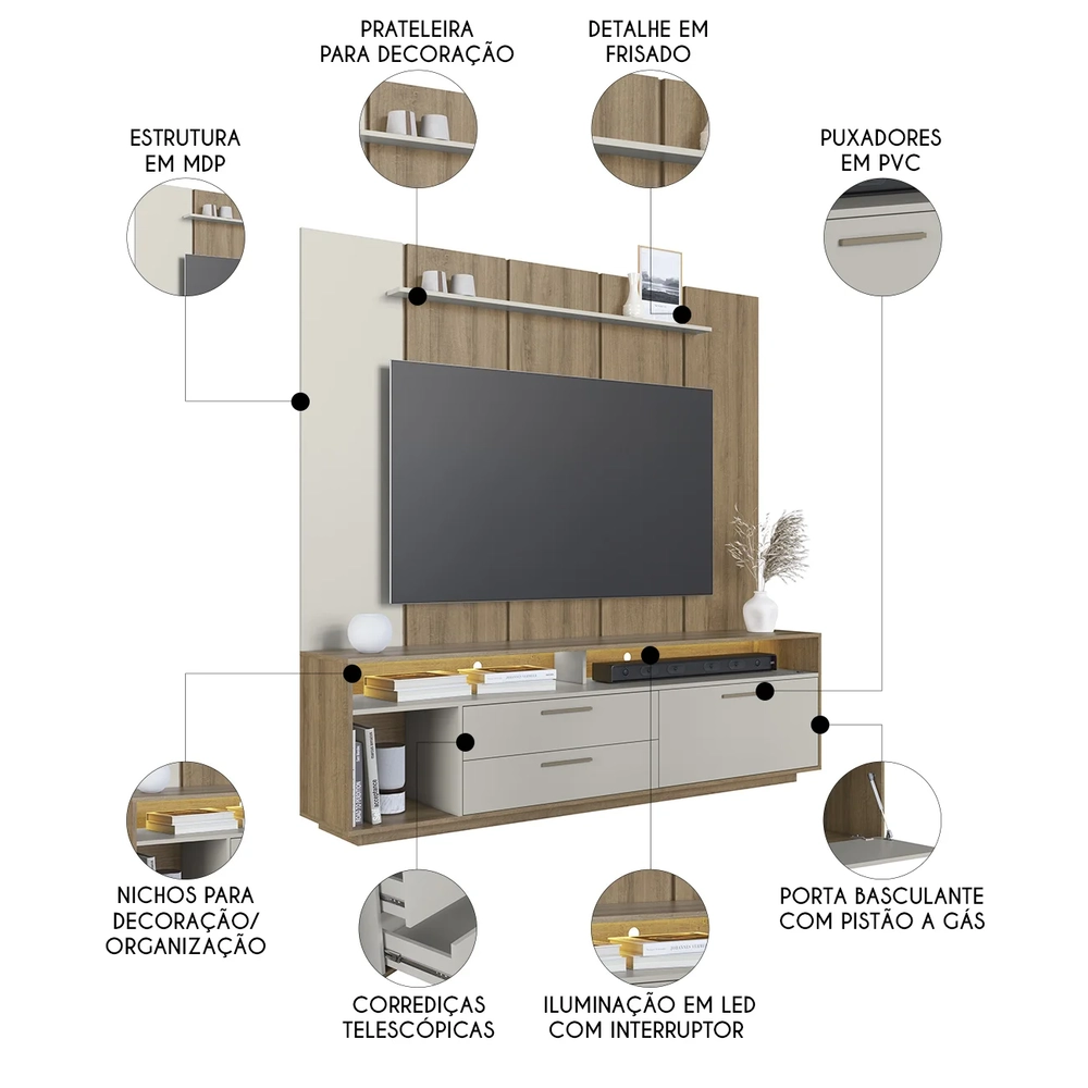 Estante Painel TV 75 Pol com LED 200cm Agrale Mel/Arenas A05 - Mpozenato