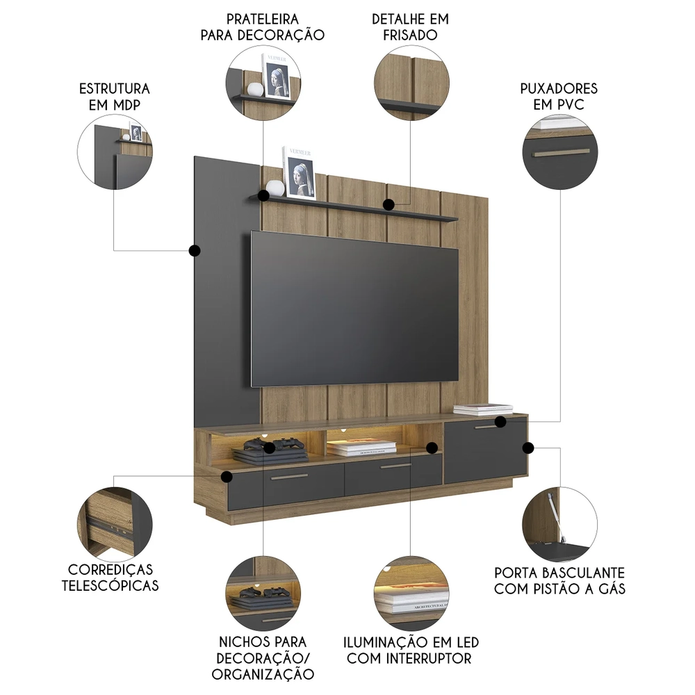 Estante Painel TV 75 Pol com LED 200cm Dolphin Mel/Grafite A05 - Mpozenato