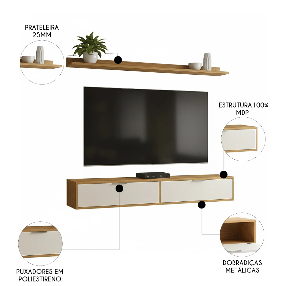 Rack TV 75 Pol. Suspenso 180cm 2 Portas Lila Cinamomo/Branco Z49 - Mpozenato