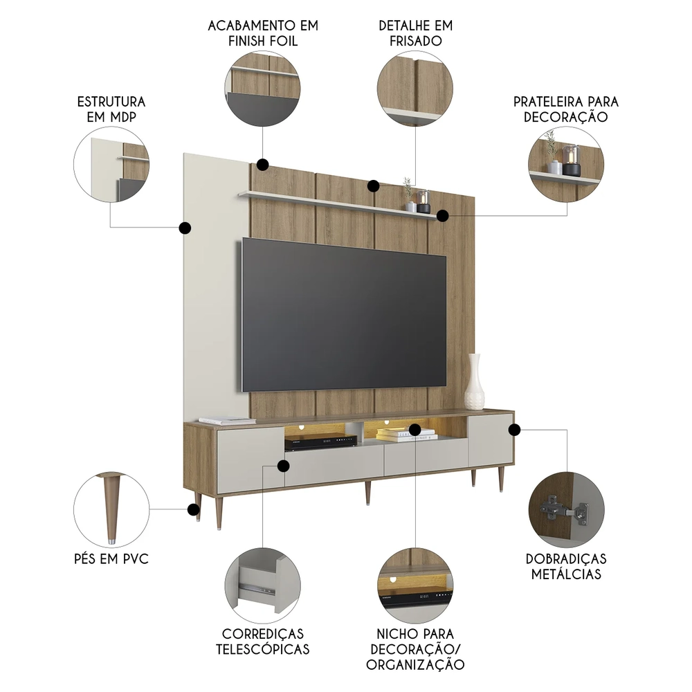 Estante Painel TV 75 Pol com LED 200cm Bianco Mel/Arenas A05 - Mpozenato