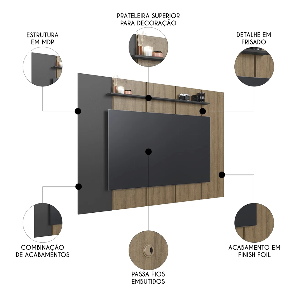 Painel TV 75 Pol Suspenso 200cm 1 Prateleira Miura Mel/Grafite A05 - Mpozenato