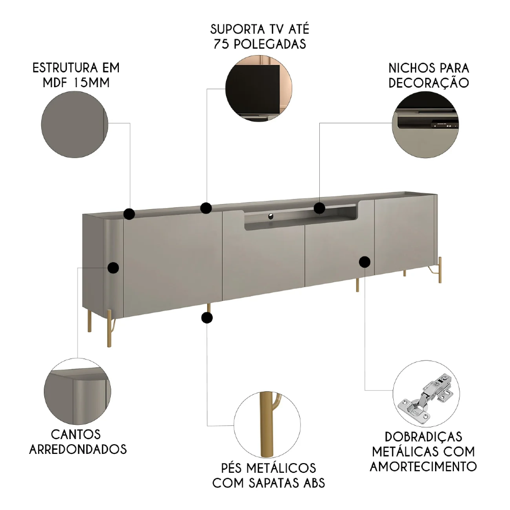 Rack TV 75 Pol 220cm 4 Portas Lisas Blen Grigio/Dourado I06 - Mpozenato