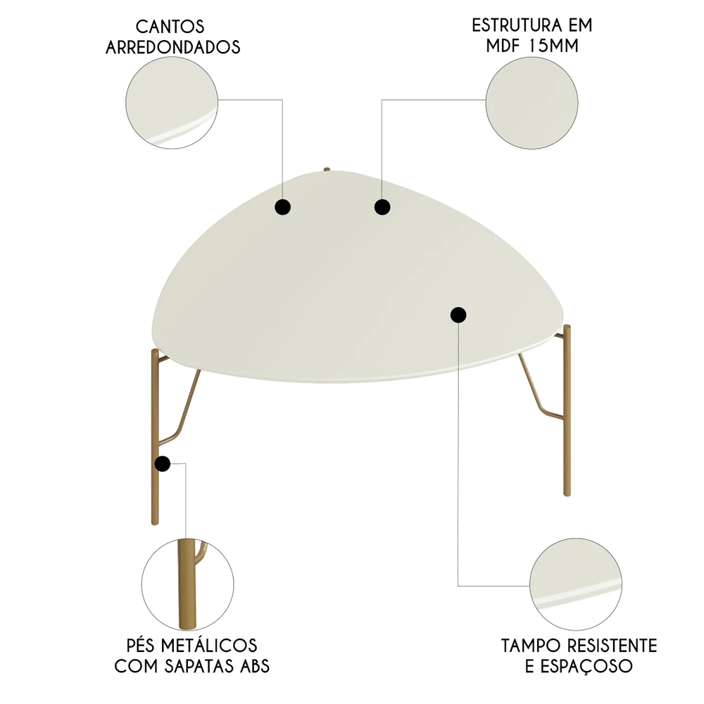 Mesa de Centro Baixa Para Sala Pés Metálicos Blen Luna/Dourado I06 - Mpozenato