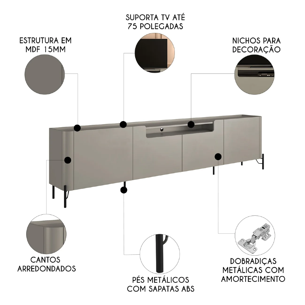 Rack TV 75 Pol 220cm 4 Portas Lisas Blen Grigio/Preto I06 - Mpozenato