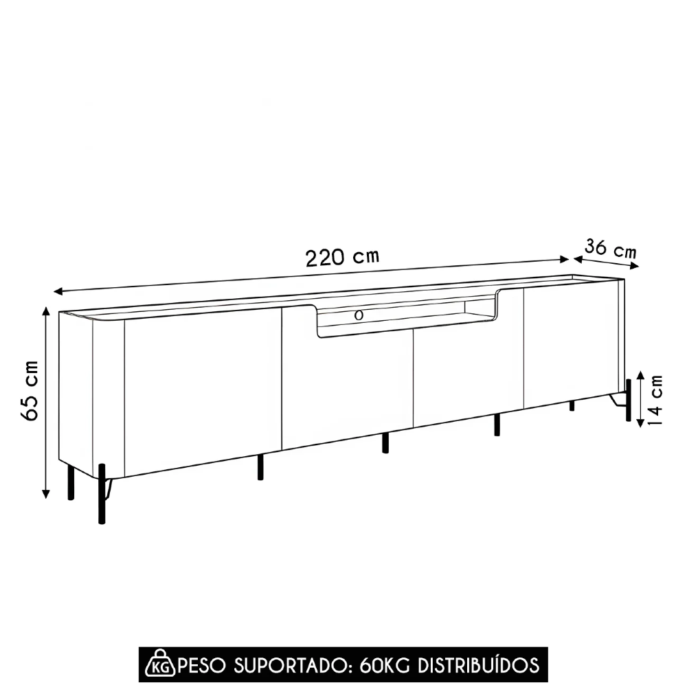 Rack TV 75 Pol 220cm 4 Portas Lisas Blen Grigio/Preto I06 - Mpozenato