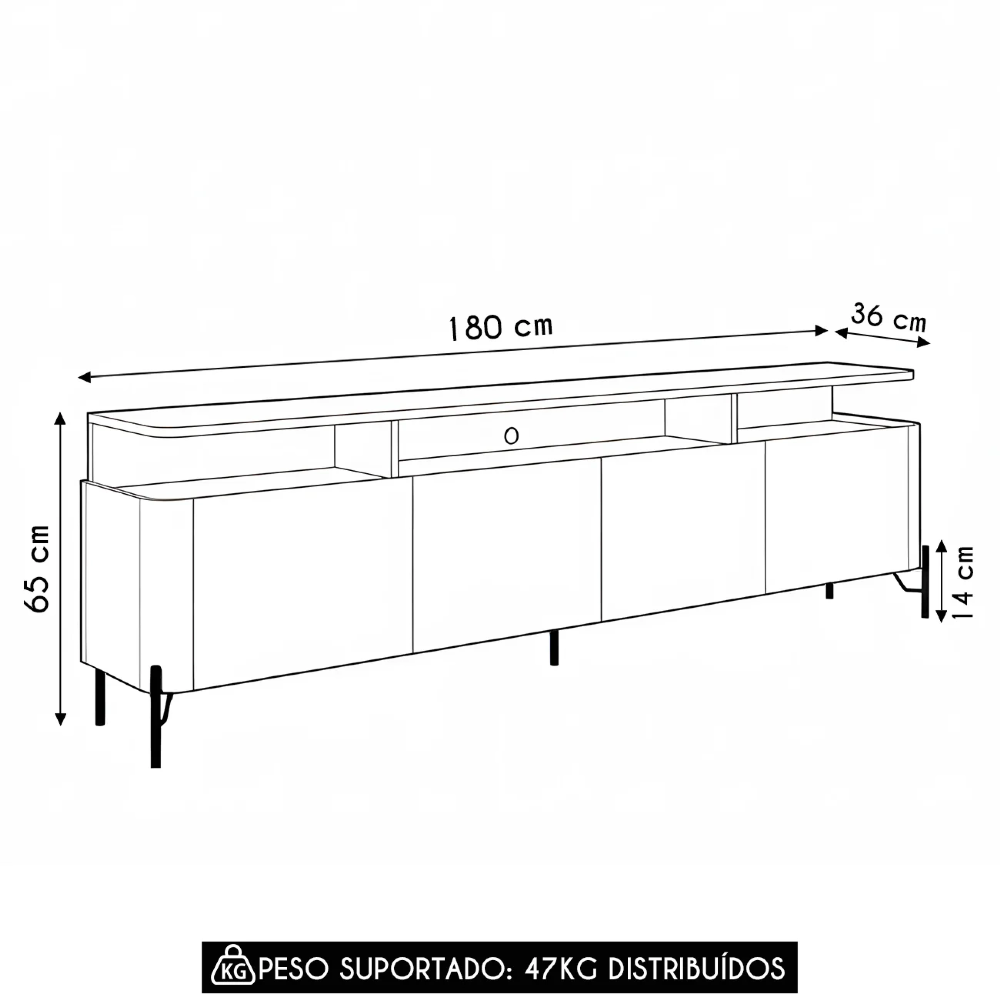 Rack TV 55 Pol 180cm Portas Lisas Blen Louro/Luna/Preto I06 - Mpozenato
