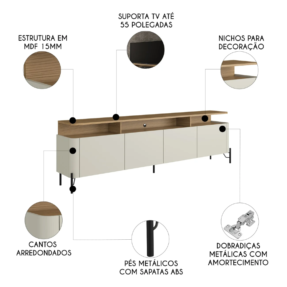 Rack TV 55 Pol 180cm Portas Lisas Blen Louro/Luna/Preto I06 - Mpozenato