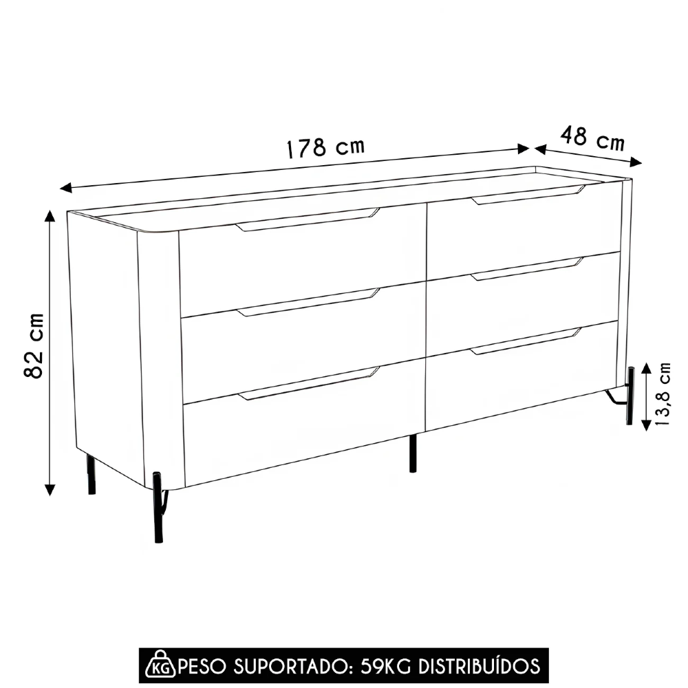 Cômoda Quarto 178cm Casal 6 Gavetas Blen Musgo/Dourado I06 - Mpozenato