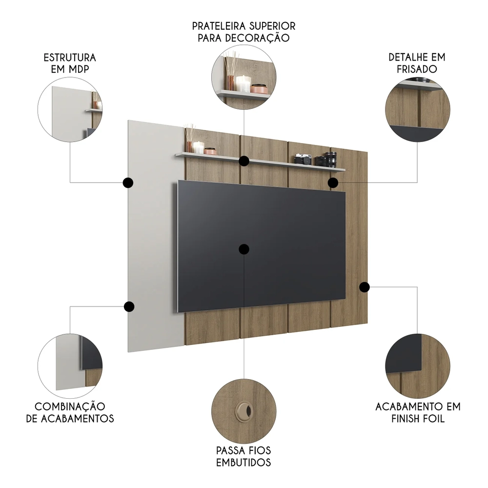 Painel TV 75 Pol Suspenso 200cm 1 Prateleira Miura Mel/Arenas A05 - Mpozenato