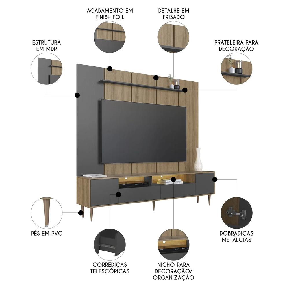 Estante Painel TV 75 Pol com LED 200cm Bianco Mel/Grafite A05 - Mpozenato