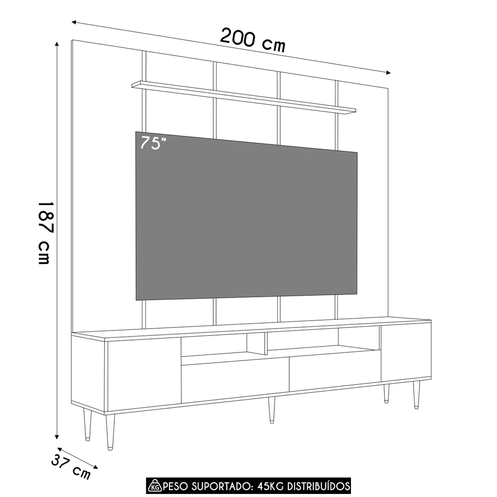 Estante Painel TV 75 Pol com LED 200cm Bianco Mel/Grafite A05 - Mpozenato