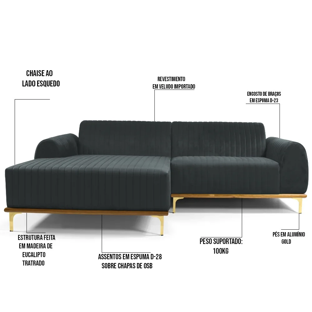 Sofá 245cm 4 Lugares com Chaise Esquerdo Pés Gold Molino C-317 Veludo  Cinza - Domi