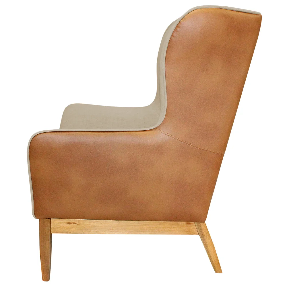 Poltrona Decorativa Base Madeira Milena e Puff Viseo C-129  Linho Bege Domi