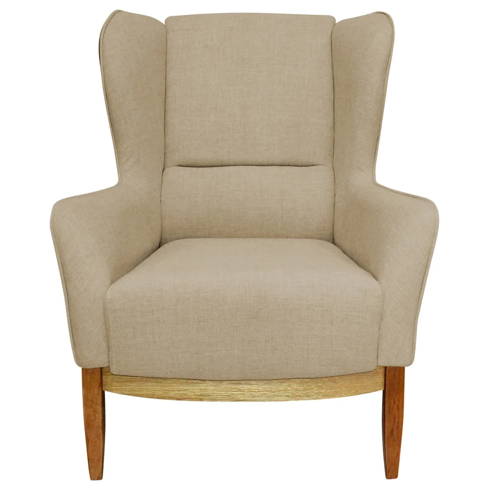 Poltrona Decorativa Base Madeira Milena e Puff Viseo C-129  Linho Bege Domi