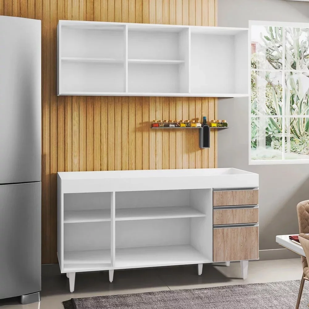 Armário Aéreo Argélia e Balcão Gabinete Para Pia 150cm sem Tampo Marrocos  Branco/Castanho - Lumil Móveis