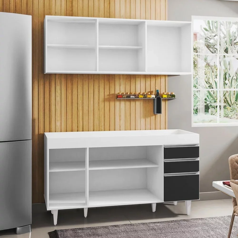 Armário Aéreo Argélia e Balcão Gabinete Para Pia 150cm sem Tampo Marrocos  Branco/Preto - Lumil Móveis