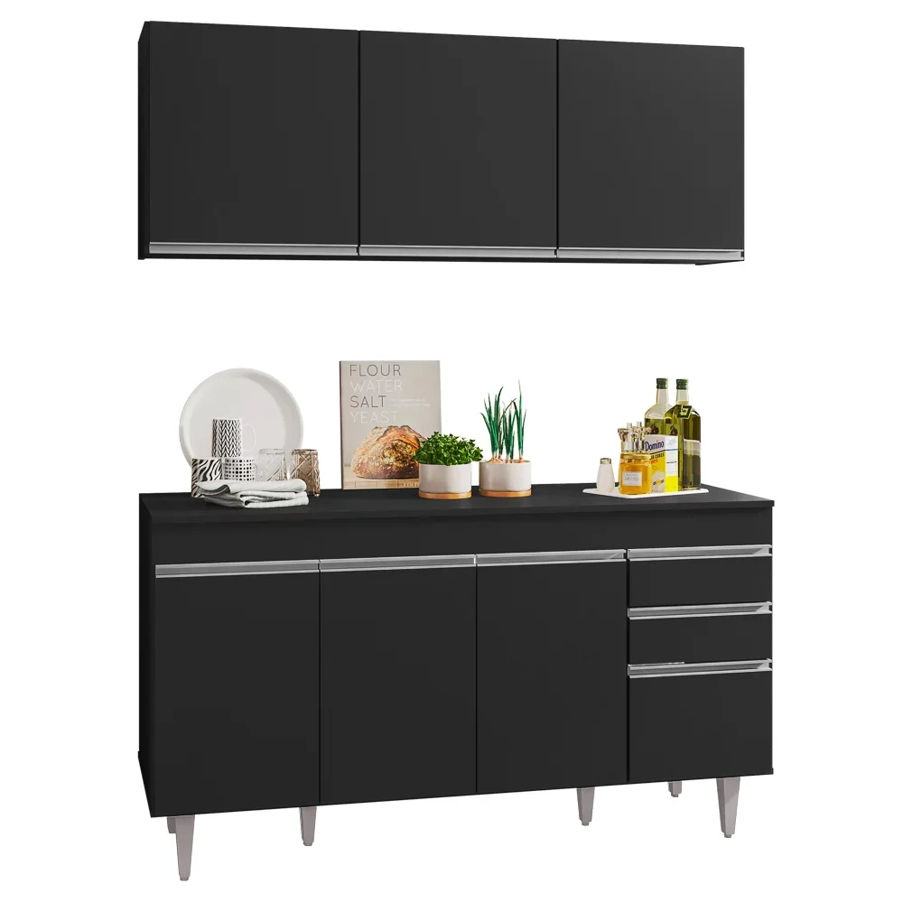 Armário Aéreo Argélia e Balcão Gabinete Para Pia 150cm com Tampo Marrocos  Preto - Lumil Móveis