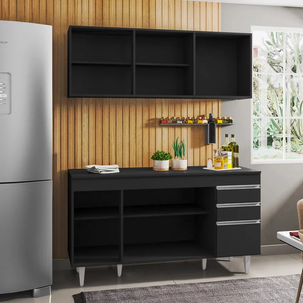 Armário Aéreo Argélia e Balcão Gabinete Para Pia 150cm com Tampo Marrocos  Preto - Lumil Móveis