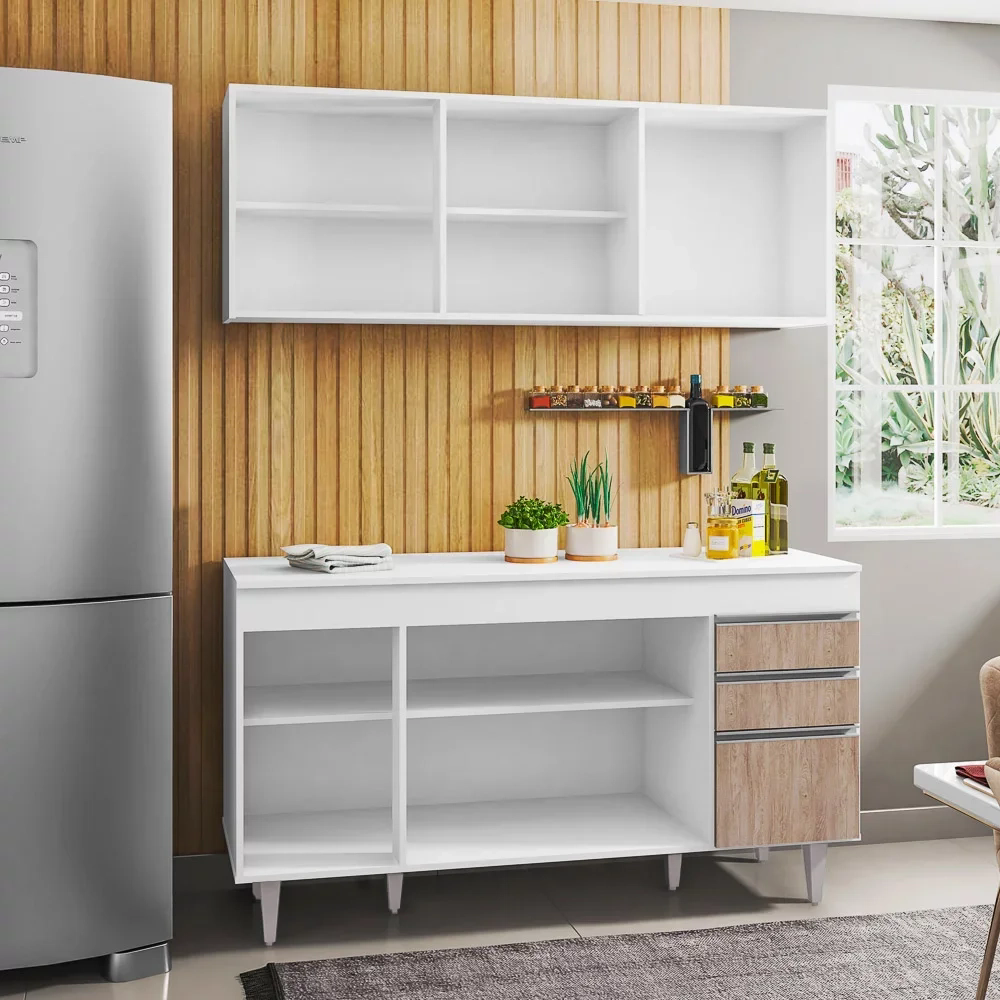 Armário Aéreo Argélia e Balcão Gabinete Para Pia 150cm com Tampo Marrocos  Branco/Castanho - Lumil Móveis