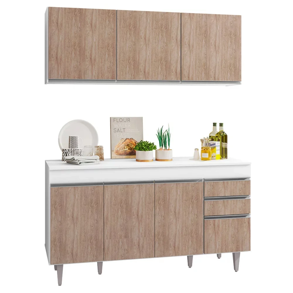 Armário Aéreo Argélia e Balcão Gabinete Para Pia 150cm com Tampo Marrocos  Branco/Castanho - Lumil Móveis