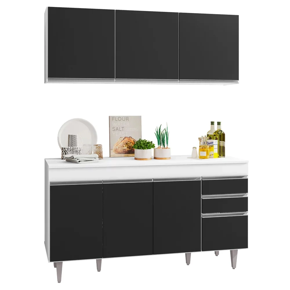 Armário Aéreo Argélia e Balcão Gabinete Para Pia 150cm com Tampo Marrocos  Branco/Preto - Lumil Móveis