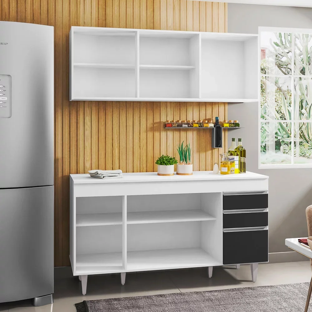 Armário Aéreo Argélia e Balcão Gabinete Para Pia 150cm com Tampo Marrocos  Branco/Preto - Lumil Móveis