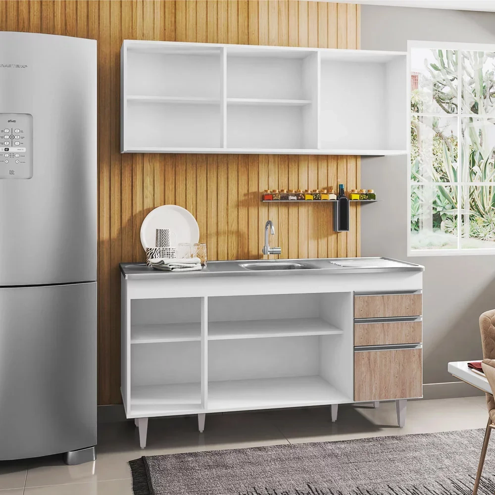 Armário Aéreo Argélia e Balcão Gabinete com Pia Inox Marrocos 150cm Branco/Castanho - Lumil Móveis