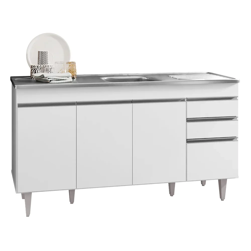 Balcão Gabinete com Pia Inox 150cm 4 Portas 2 Gavetas Marrocos Branco - Lumil