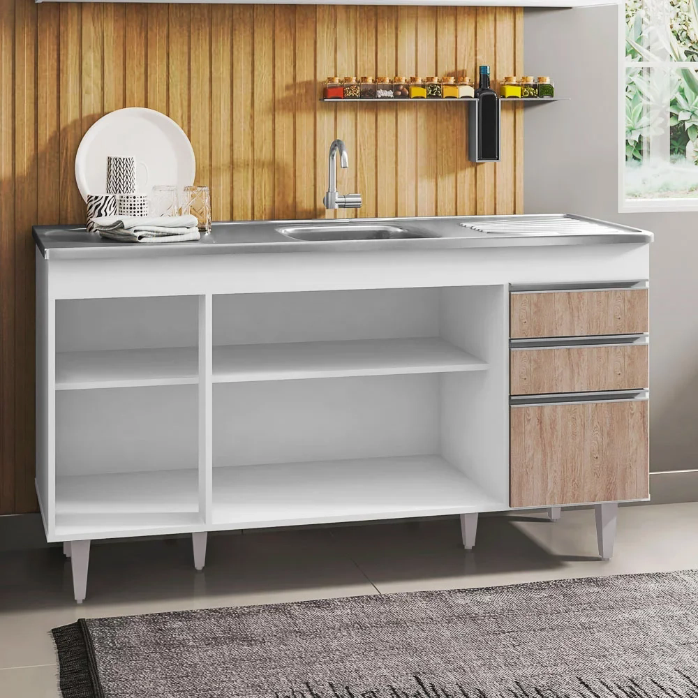 Balcão Gabinete com Pia Inox 150cm 4 Portas 2 Gavetas Marrocos Branco/Castanho - Lumil