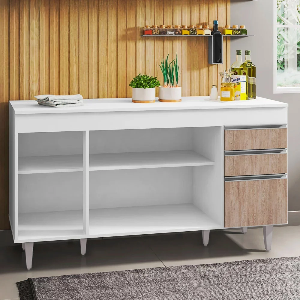 Balcão Gabinete Para Pia 150cm com Tampo 4 Portas 2 Gavetas Marrocos Branco/Castanho - Lumil