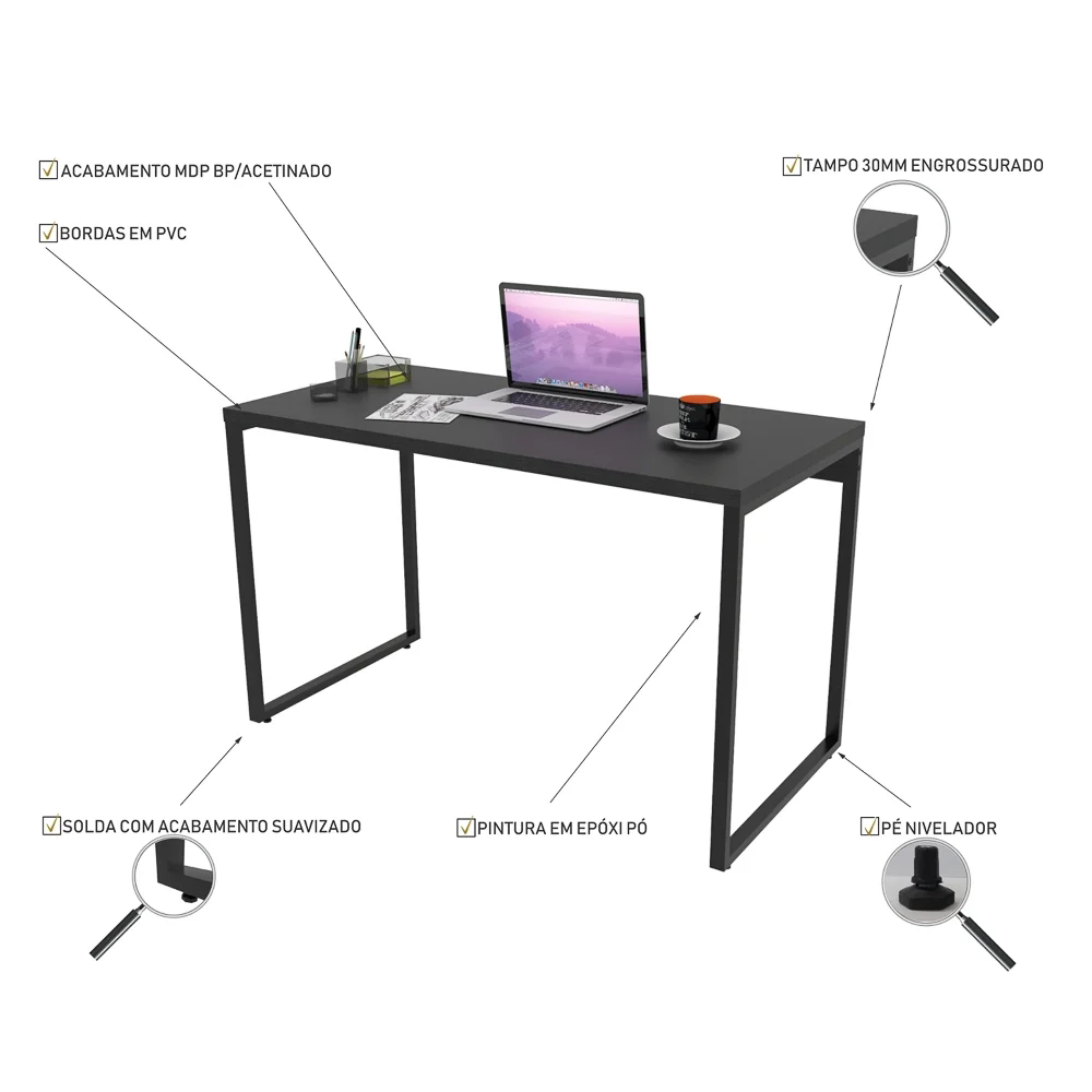 Mesa de Escritório Office 135cm Estilo Industrial Prisma Preto C08 Onix - Mpozenato