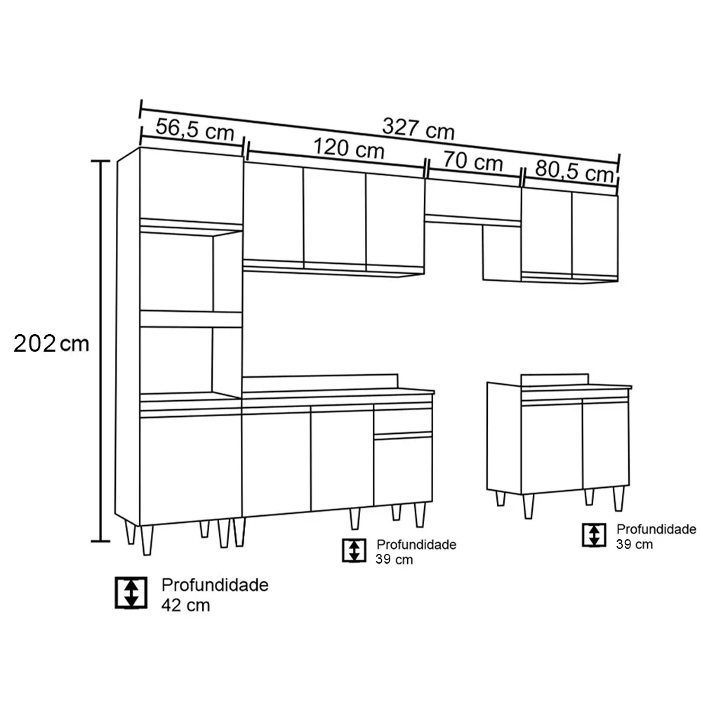 Cozinha Modulada 6 Módulos Composição 8 Castanho/Cinza - Lumil Móveis