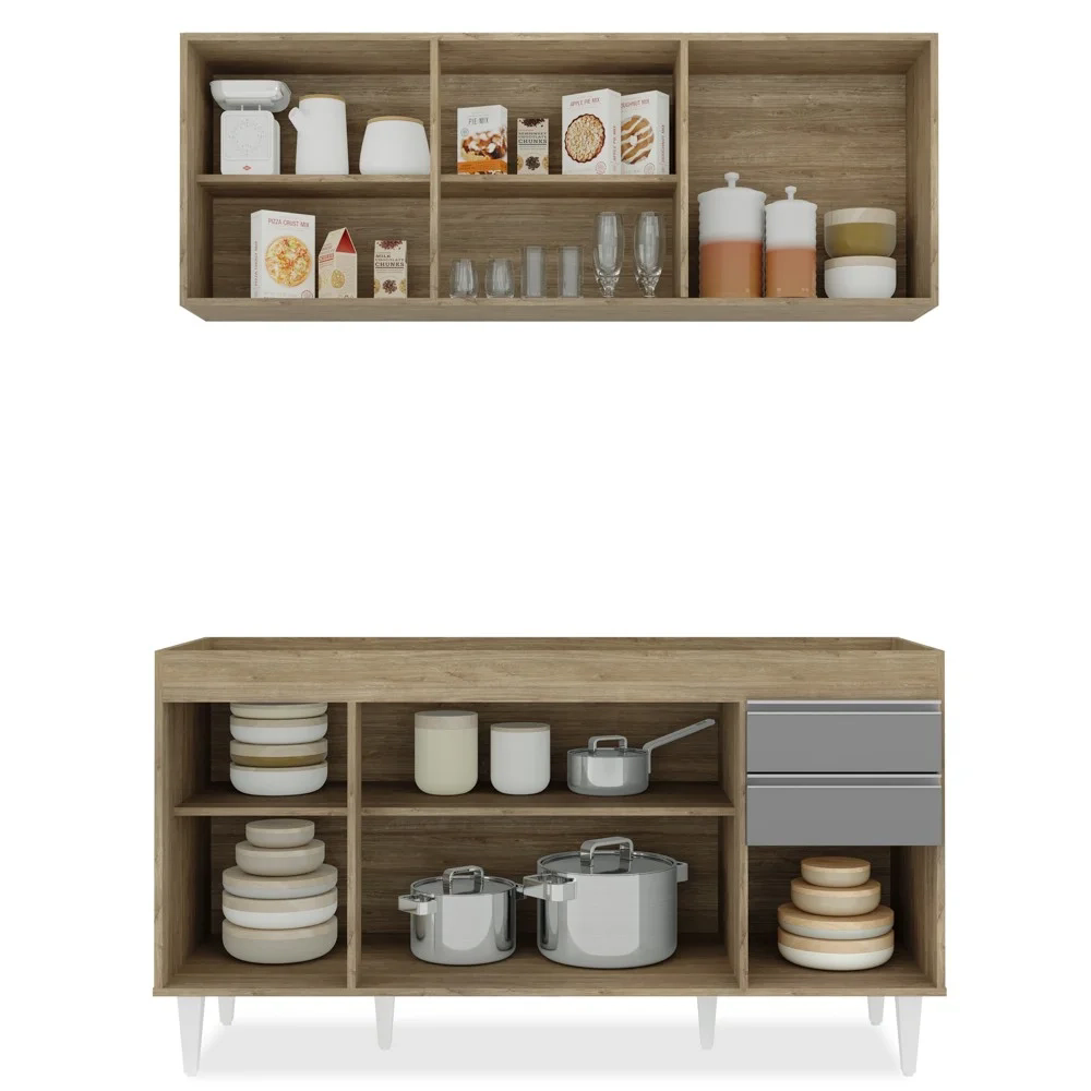 Armário Aéreo Argélia e Balcão Gabinete Para Pia 150cm sem Tampo Marrocos Castanho/Cinza - Lumil Móveis