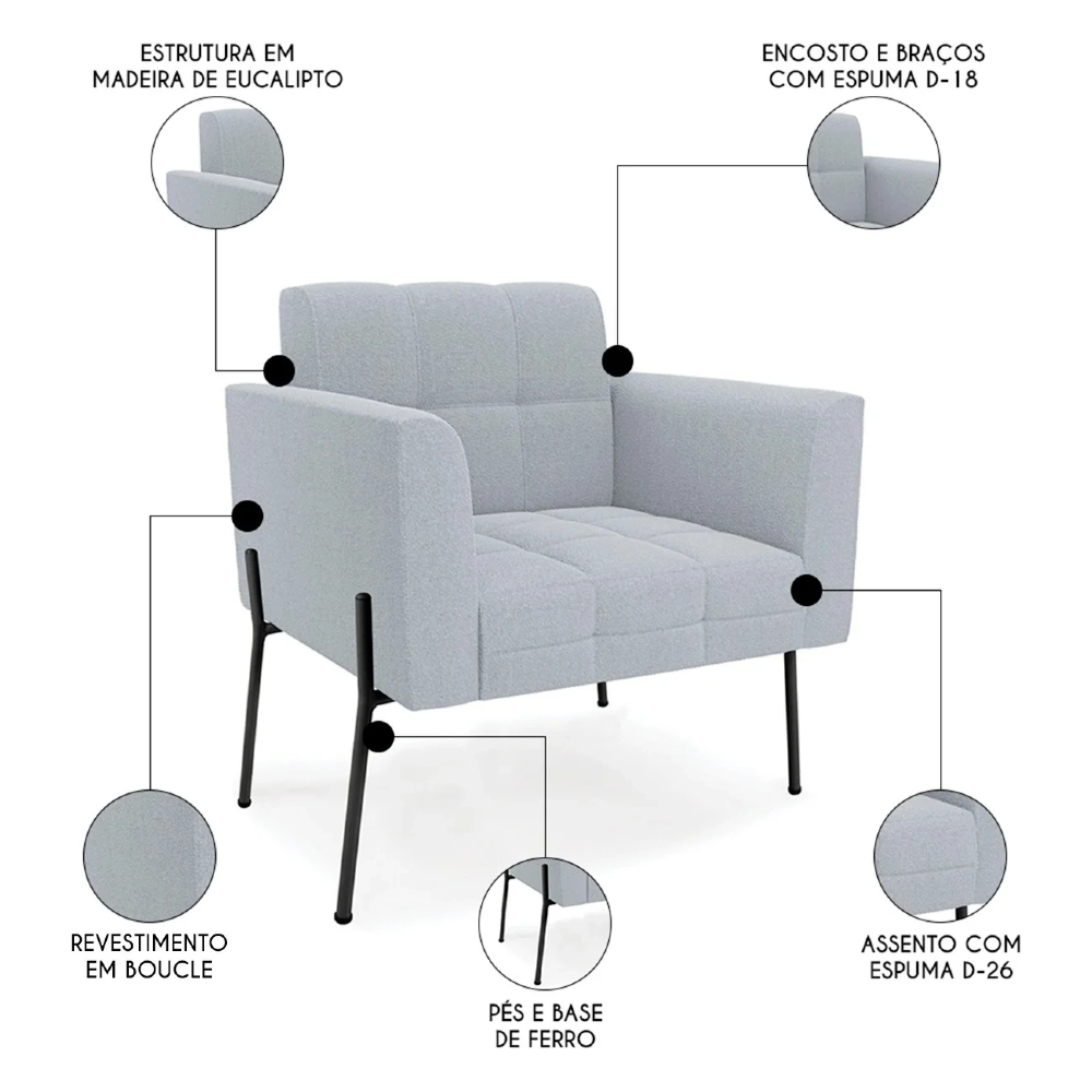 Poltrona Para Sala Pés Metálicos Preto Ana Boucle Cinza - Ibiza