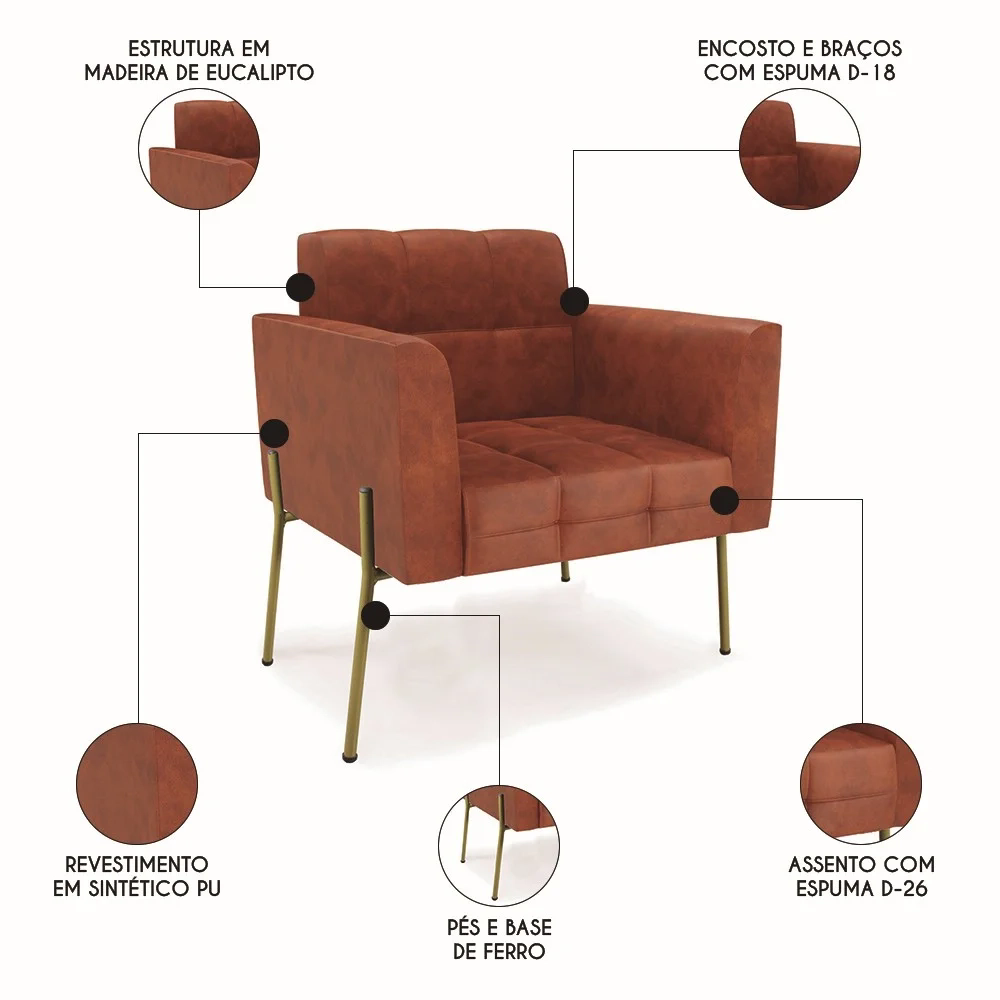 Poltrona Sala Pés Metálicos Dourado Ana Sintético PU Nozes - Ibiza