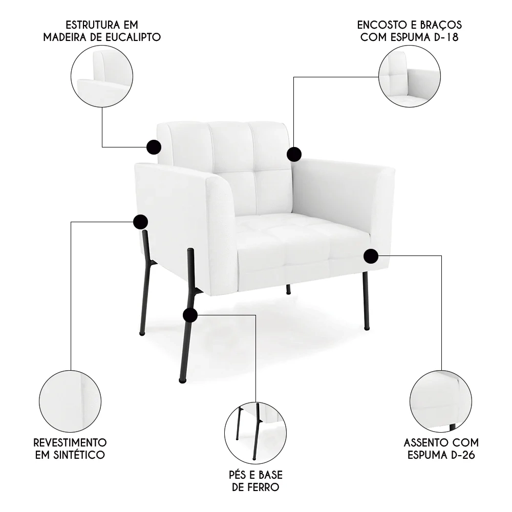 Poltrona Para Sala Pés Metálicos Preto Ana Sintético Branco - Ibiza