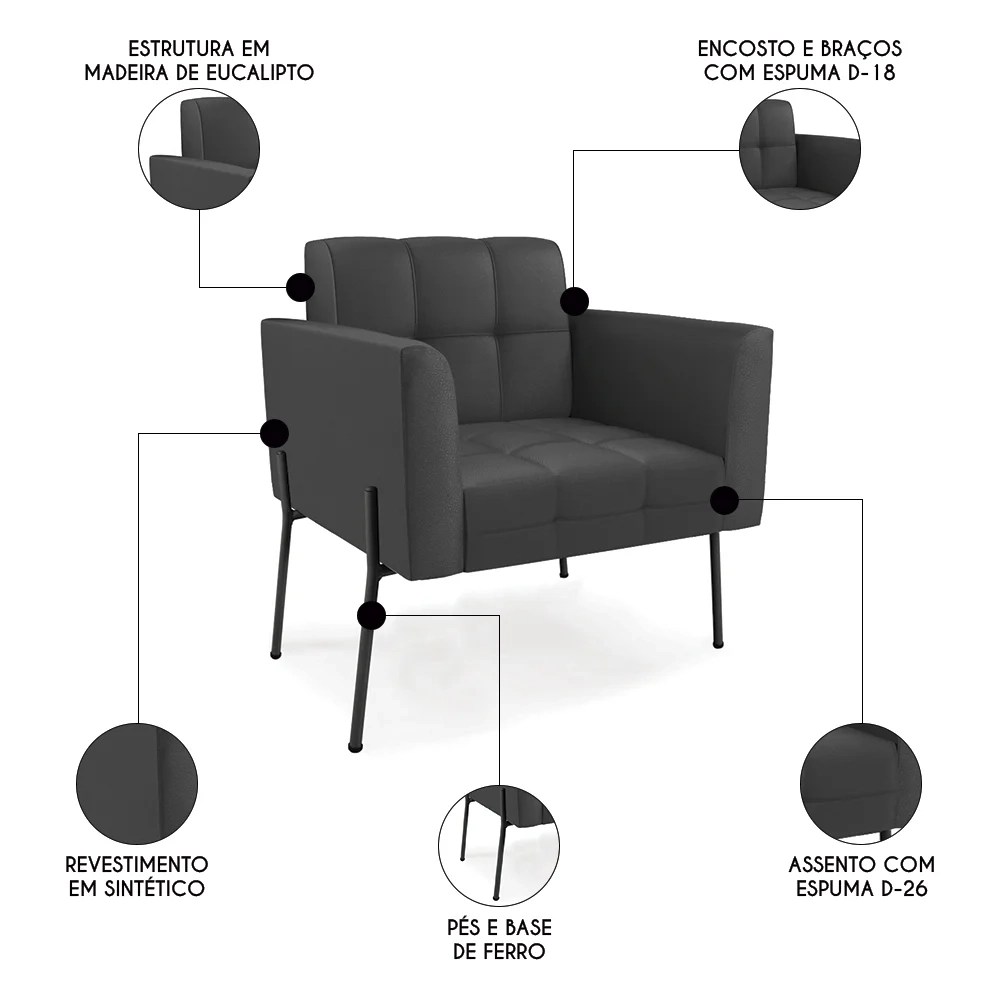 Poltrona Para Sala Pés Metálicos Preto Ana Sintético Preto - Ibiza