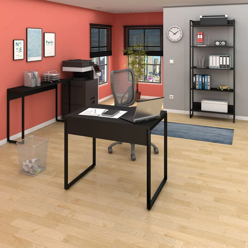 Conjunto Escritório Mesa 90 Aparador e Estante Studio Industrial Z28 Preto - Mpozenato