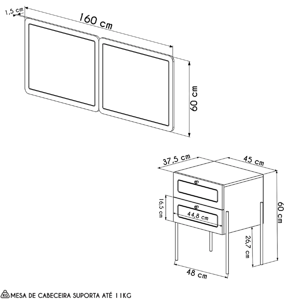 Cabeceira Casal Queen e 2 Mesas Pé Metal Arlo A10  Nero/Dourado - Mpozenato