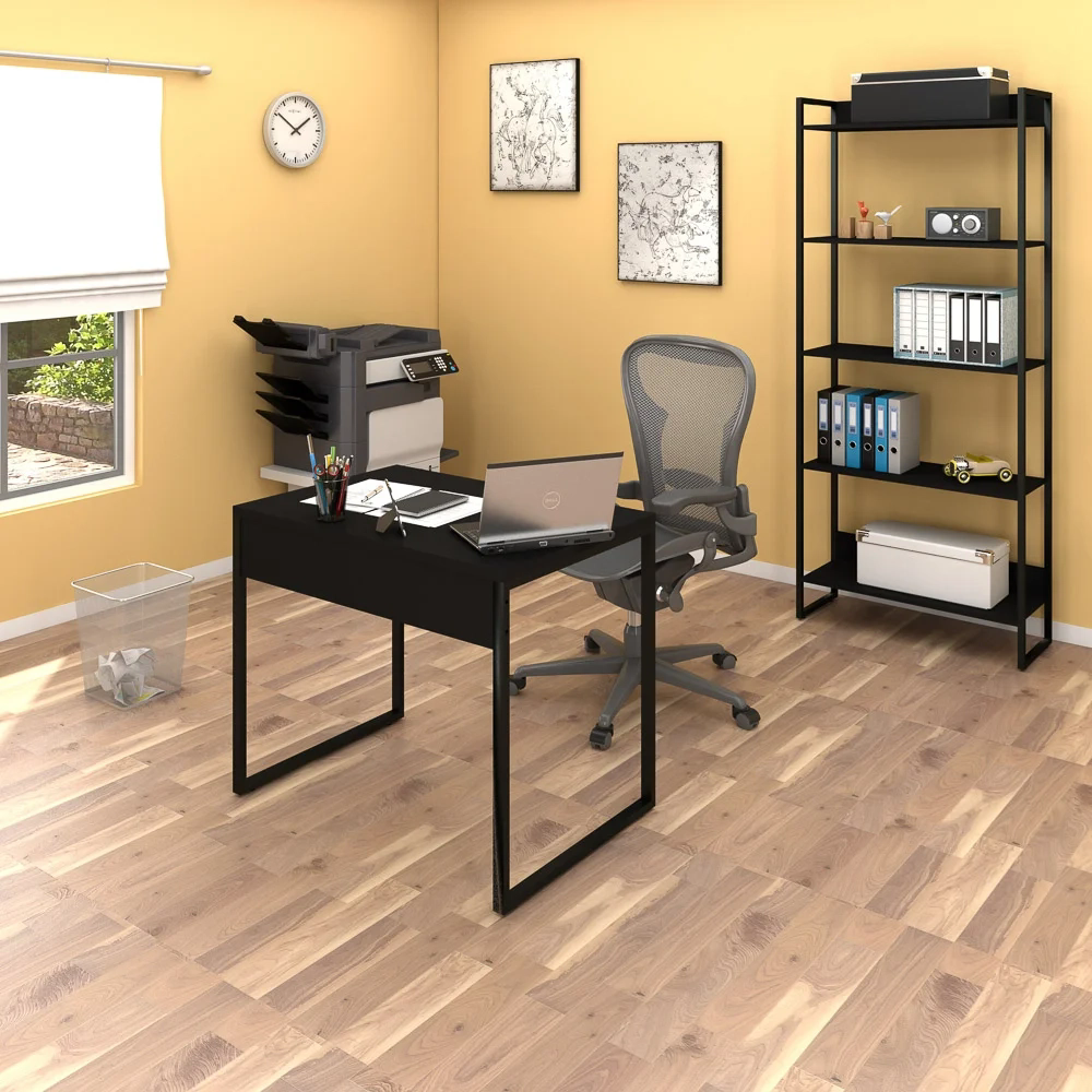 Conjunto Escritório Mesa 90 e Estante Studio Industrial Z28 Preto - Mpozenato