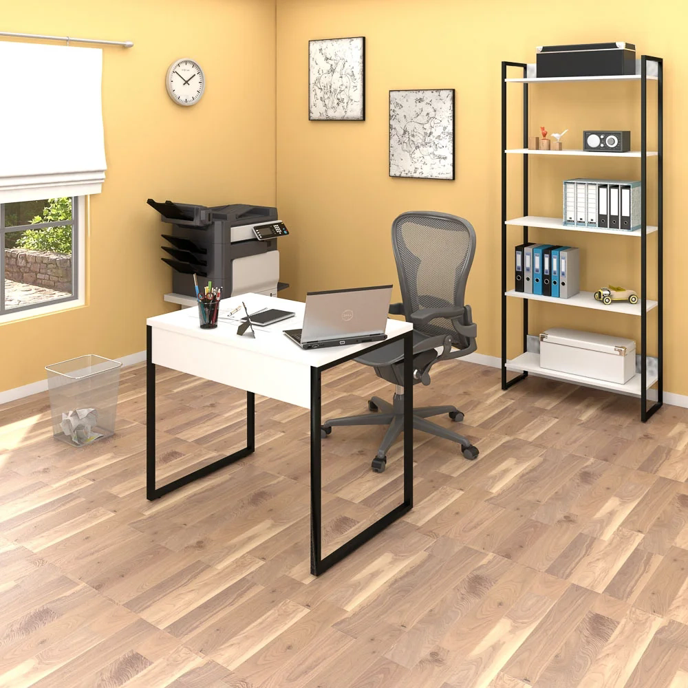 Conjunto Escritório Mesa 90 e Estante Studio Industrial Z28 Branco - Mpozenato