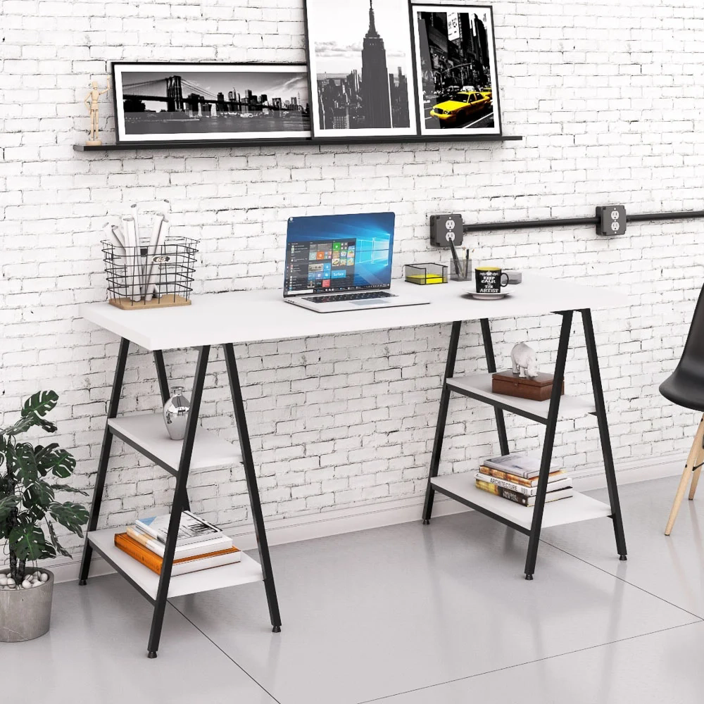 Mesa Escrivaninha Cavalete 150cm Estilo Industrial Prisma C08 Branco Chess/Preto - Mpozenato