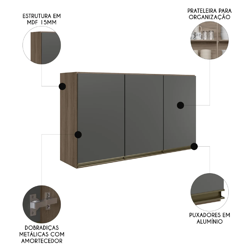 Armário de Cozinha Aéreo 120cm Maly N03 Carvalho/Grafite - Mpozenato