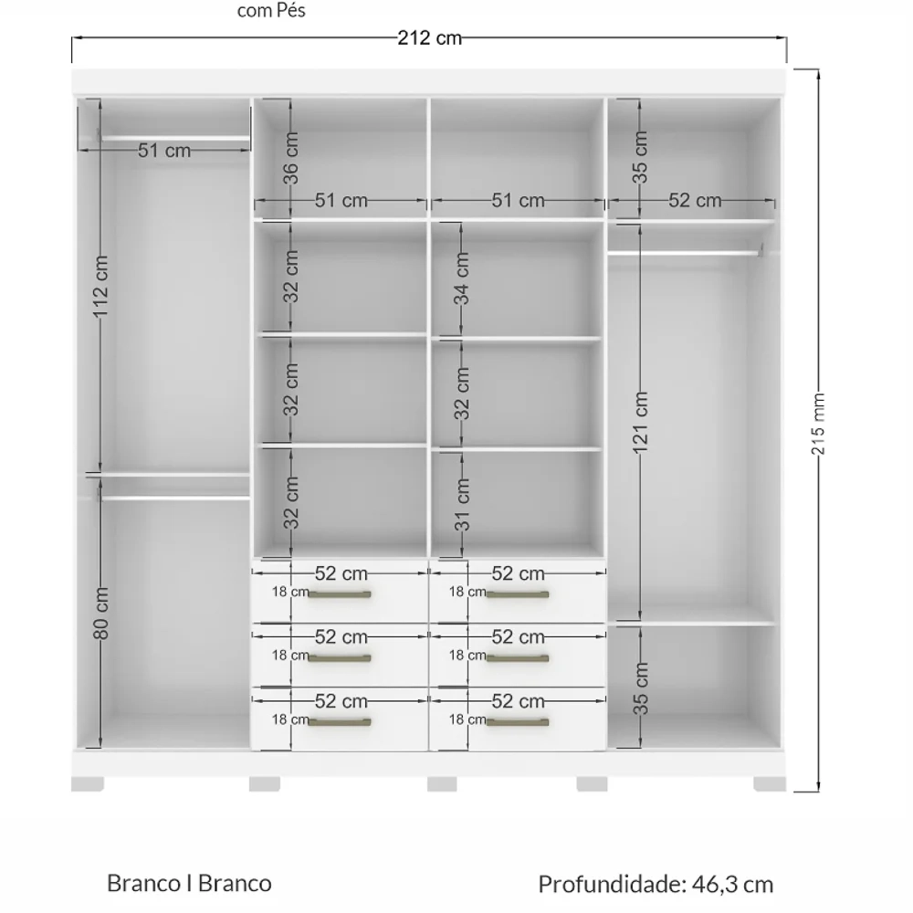 Guarda Roupa Casal Com Espelho 8 Portas 6 Gavetas Liverpool 8.6 New Branco - Santos Andirá